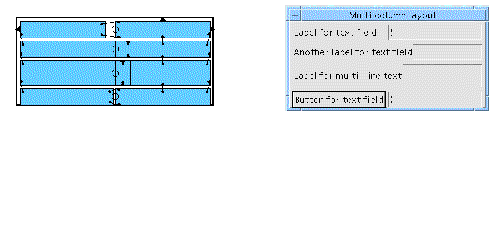 The Layout Editor and dynamic display views of the example hierarchy showing the left side alignment of the Labels and PushButton.