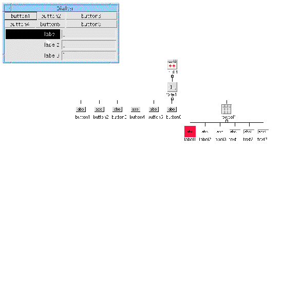 Fast Find in action. The dynamic display shows the mouse pointer over a Label. The corresponding Label is shown highlighted in the design hierarchy.
