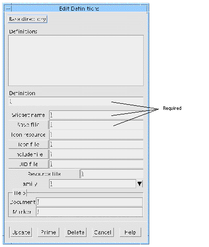The Edit Definitions dialog with a callout identifying the Definition, Widget name and Save file fields as required fields.