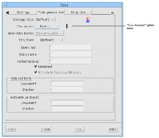 The Code generation page of the Core resources panel showing "Public" selected from the C++ access option menu.