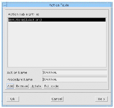 The Action Procedures dialog with "doActionE" entered in both the "Action Name" and "Procedure Name" fields.