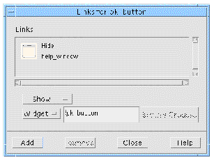 The Links dialog with the example Hide help_window set.
