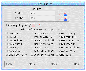 The DrawingArea resource panel with default values.