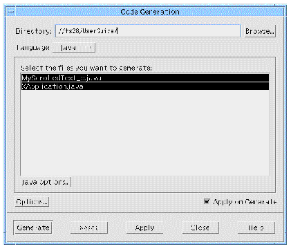 The Java Generate dialog for the Java code generation tutorial with default values.