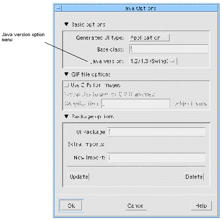 The Java Generation Options dialog with default values.