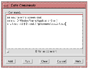 The Extra Commands dialog in XD/Replay showing the example extra commands "setenv" and "shell" with parameters.