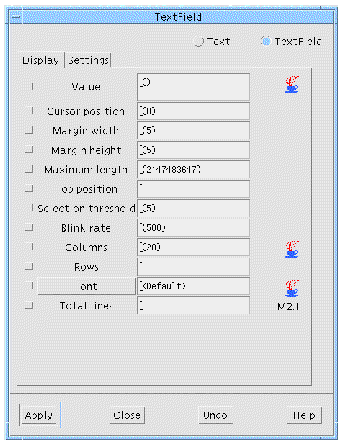 The Display page of the TextField resource panel with default values.