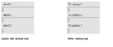 Screenshot of RowColumn in dynamic display before and after setting text for labels.