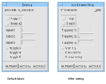 Screenshots of the ToggleButtons before and after setting the text for their labels.