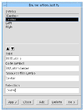 The Enumerations Entry dialog where enumerations can be edited. Default values are shown.
