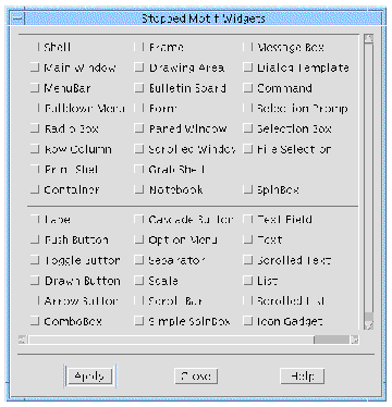The Stopped Motif Widgets dialog with default values.