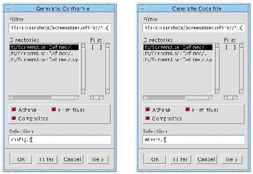 The Generate Config File dialog and the Generate Code File dialog, both with default values.